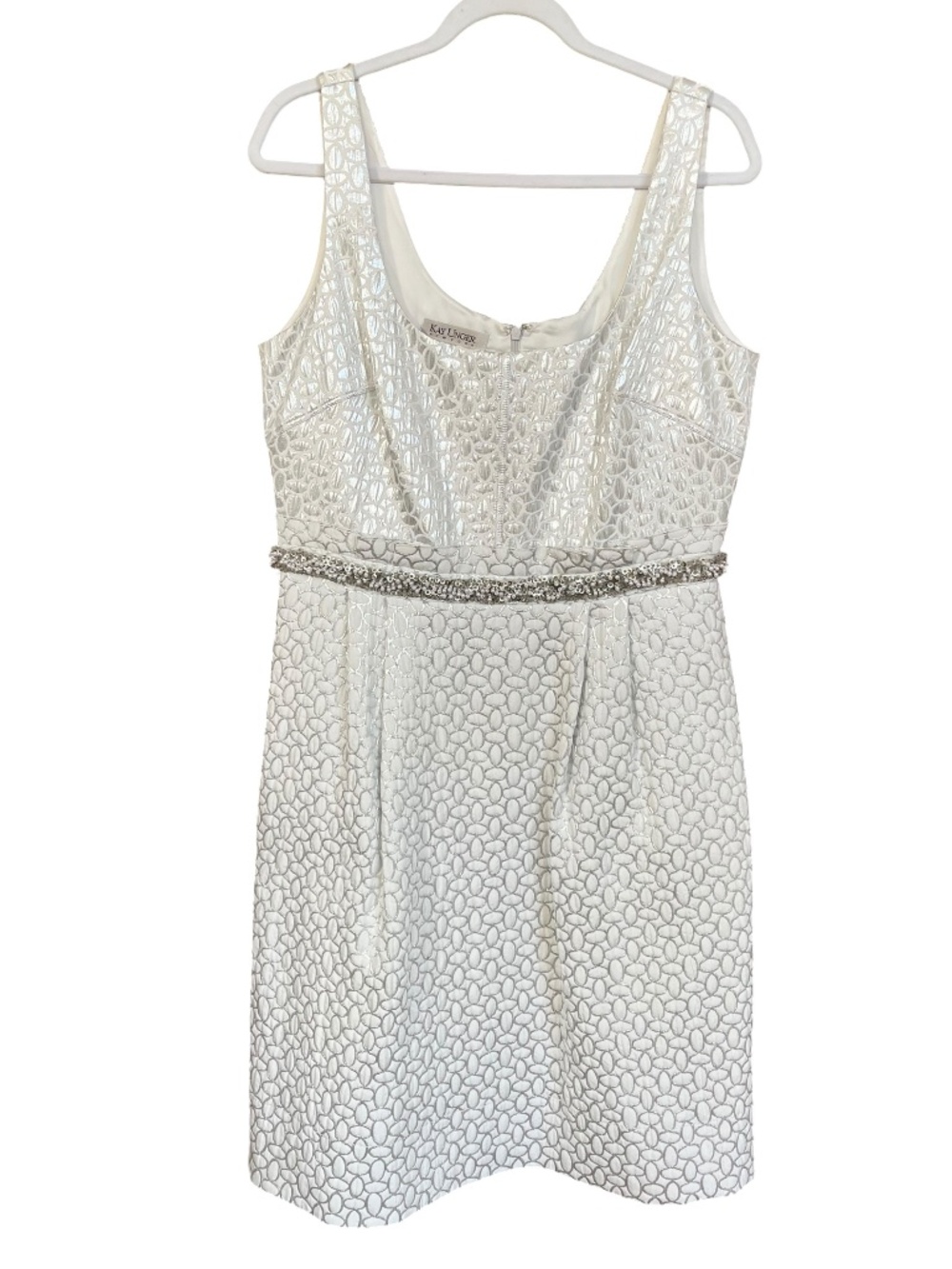 Kay Unger NY White & Silver Jacquard Sleeveless Beaded Cocktail Dress Size 14